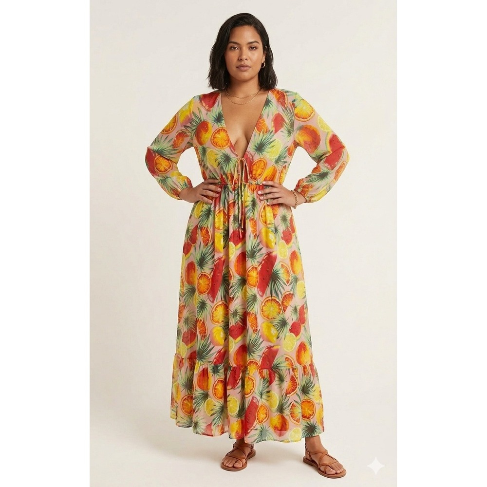 America & Beyond Maxi Dress XL Fruit Print Summer Boho Beach Statement